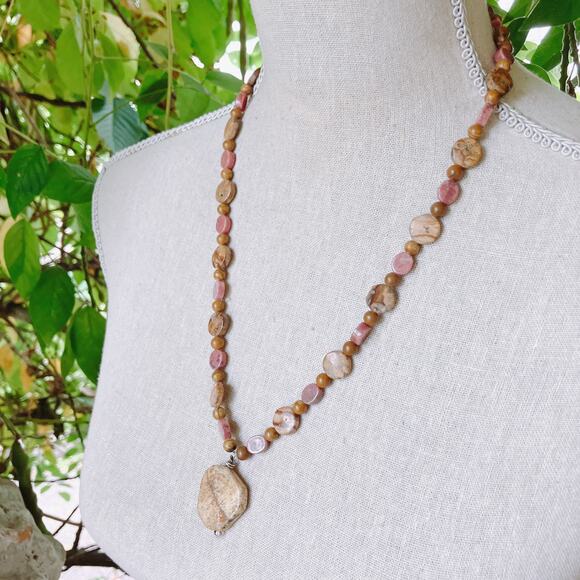 VTG Gemstone Rhodonite Picture Jasper Boho Artisan Necklace Statement Pendant - Picture 4 of 15